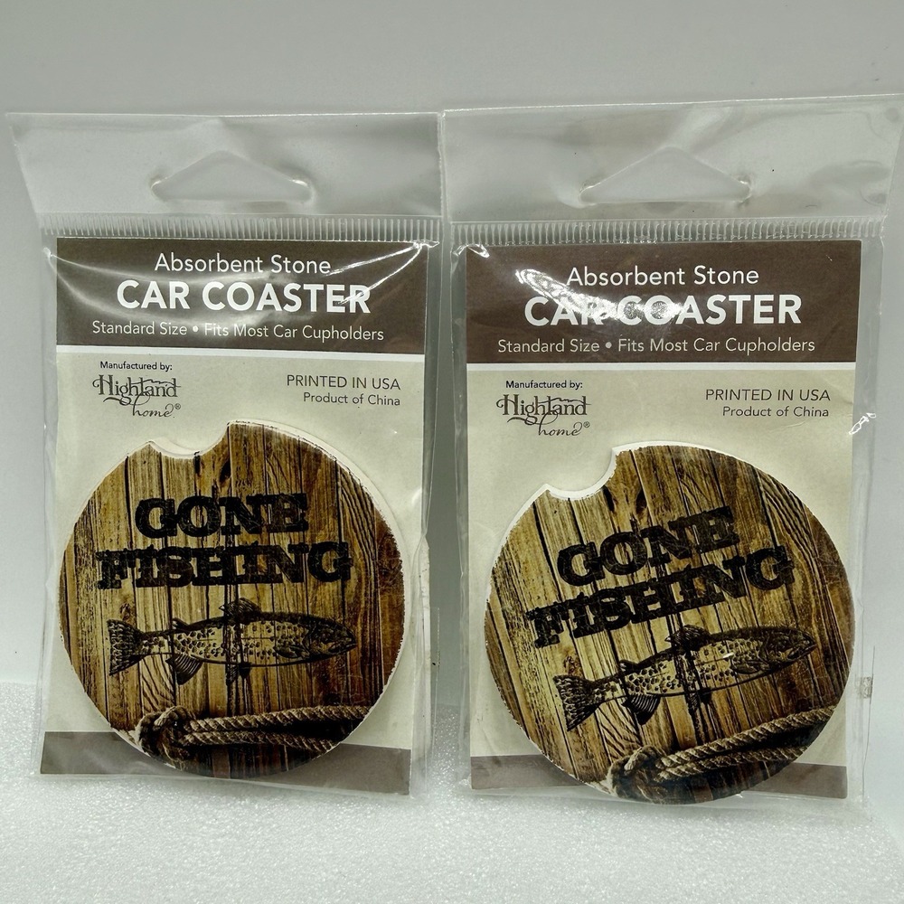 Highland Home Absorbent Stone Car Coasters Gone Fishing Lot‎ of 2